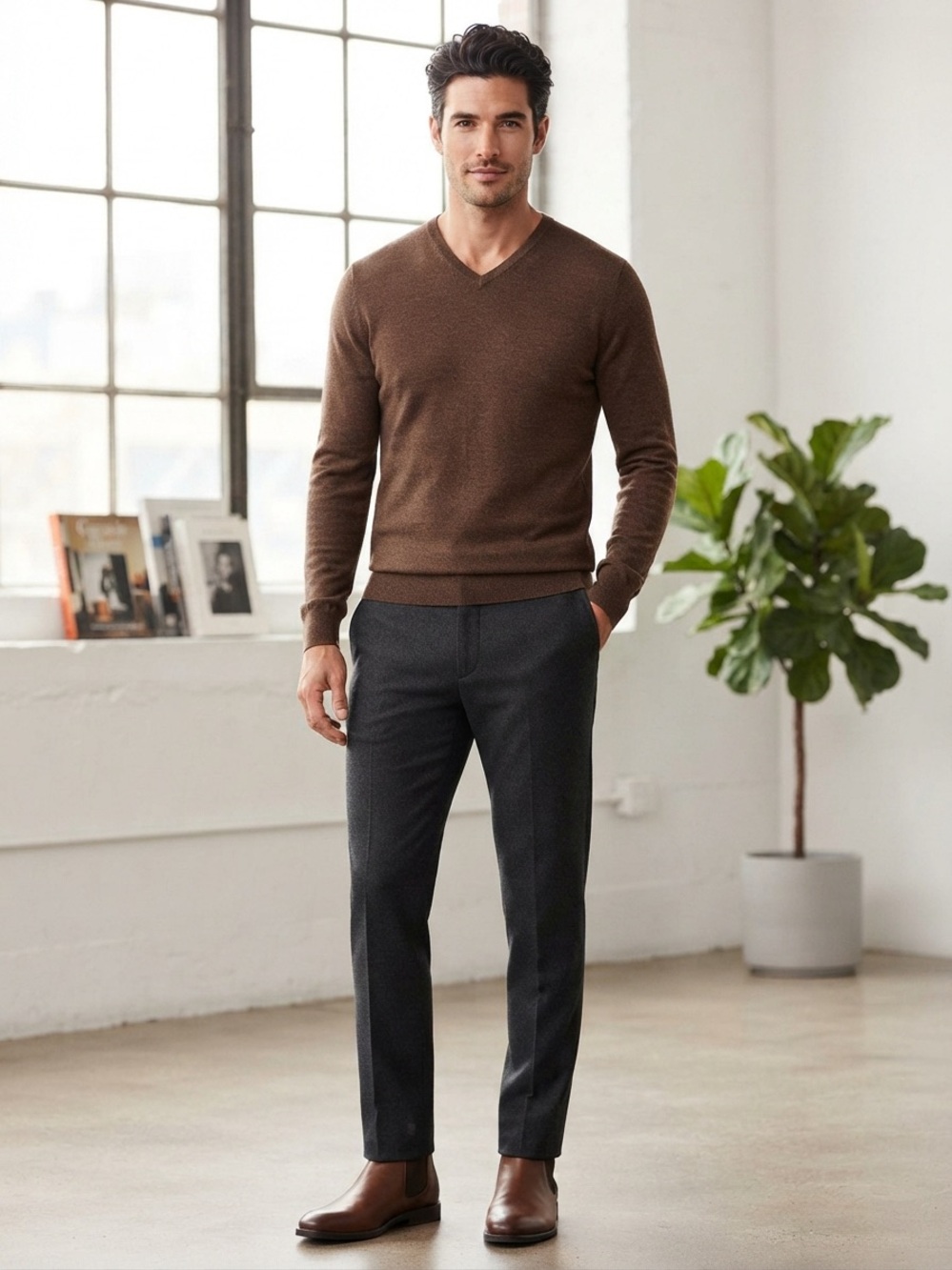Men's V-Neck Brown Cashmere-Blend Sweater